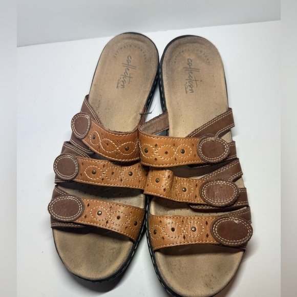 Clarks Womens 9.5 Cloudsteppers Leisa Cacti Q Brown Leather Strap Slide Sandals - Picture 3 of 5